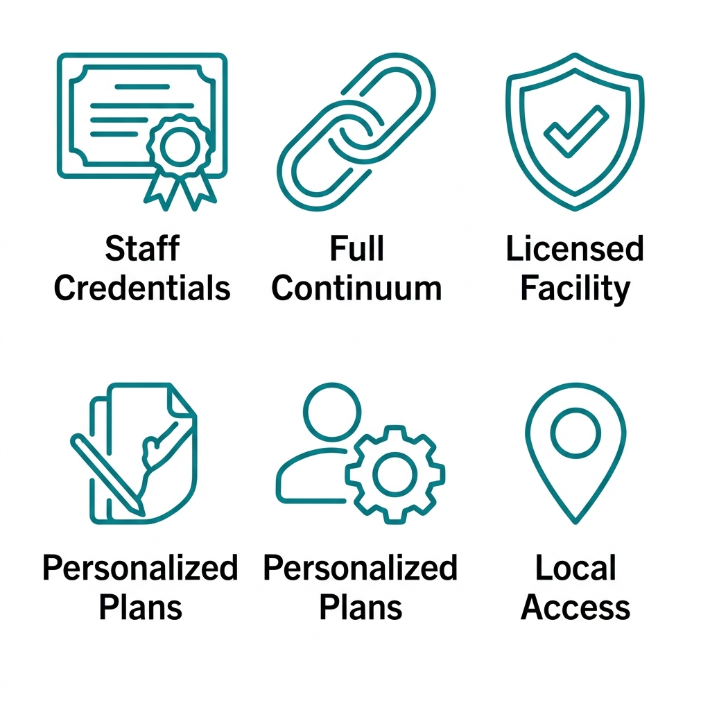 Icon set showing five symbols for evaluating drug treatment providers: staff credentials, full continuum of care, licensed facility, personalized plans, and local access in Anchorage.