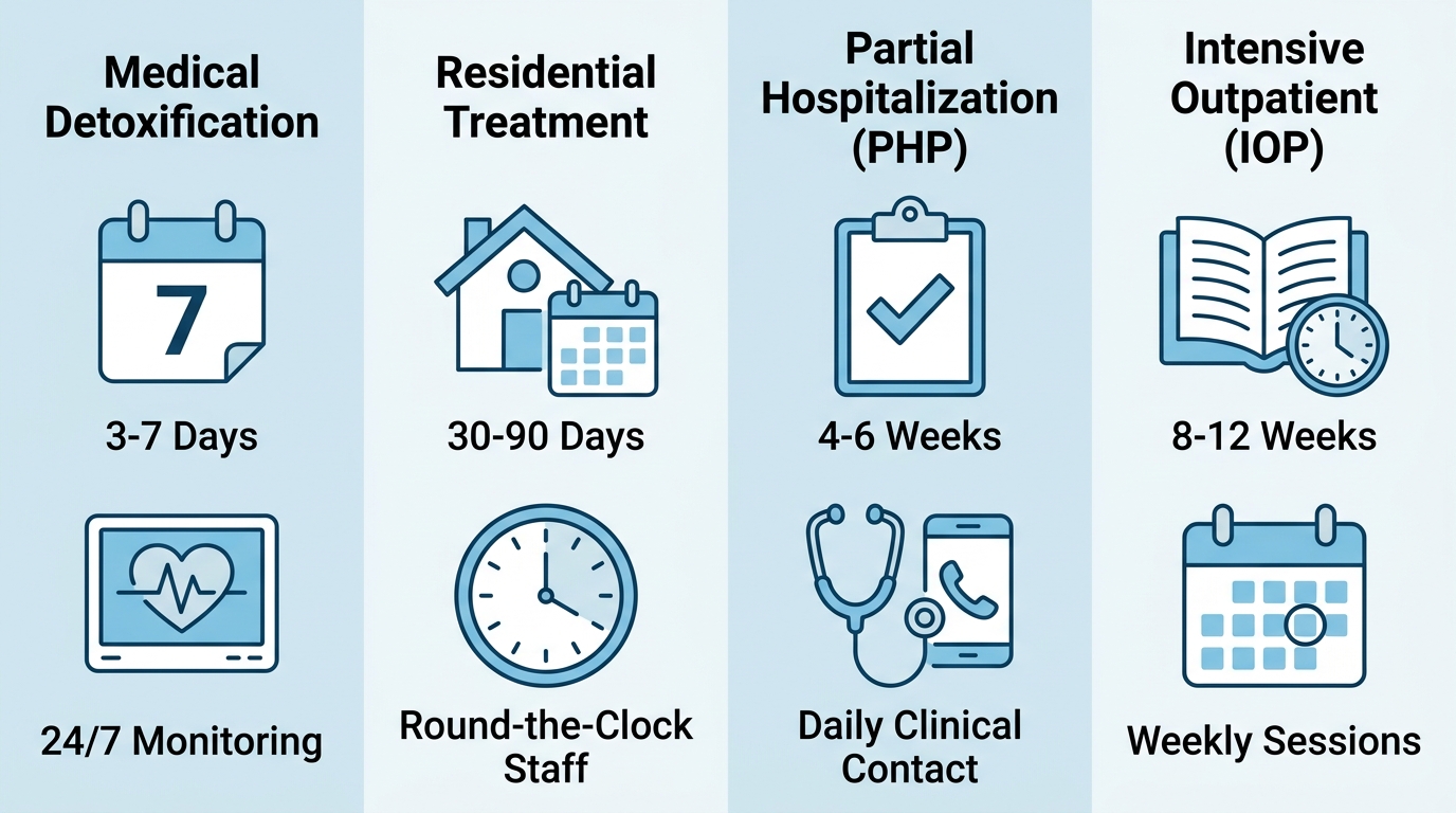 Infographic comparing four alcohol and drug treatment levels: Medical Detoxification (3-7 days, 24/7 monitoring), Residential Treatment (30-90 days, round-the-clock staff), Partial Hospitalization or PHP (4-6 weeks, daily clinical contact), and Intensive Outpatient or IOP (8-12 weeks, weekly sessions). Light blue and white medical palette.
