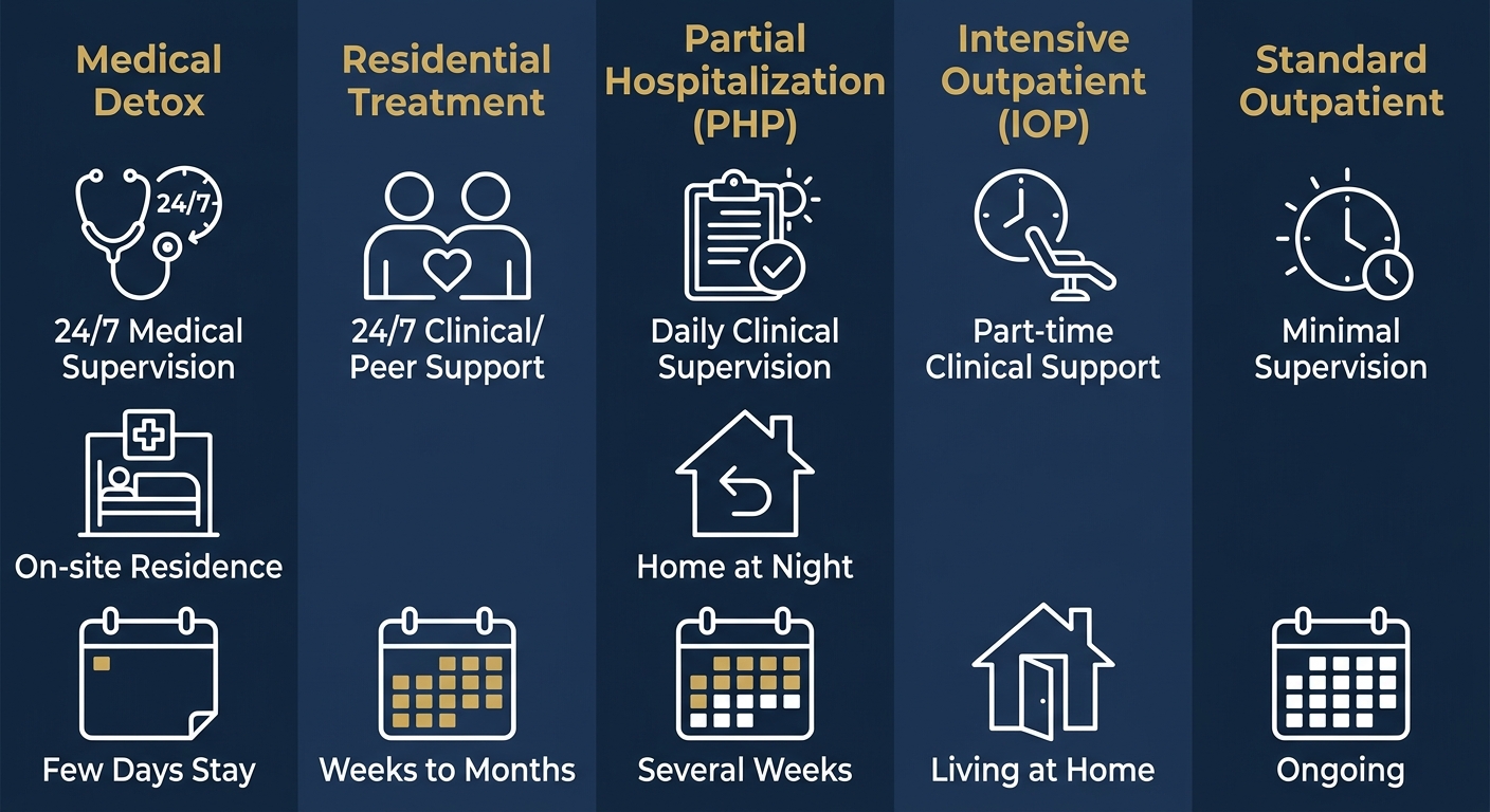 Infographic showing five levels of addiction treatment in Alaska: Medical Detox, Residential, PHP, IOP, and Standard Outpatient, with icons and labels for each.