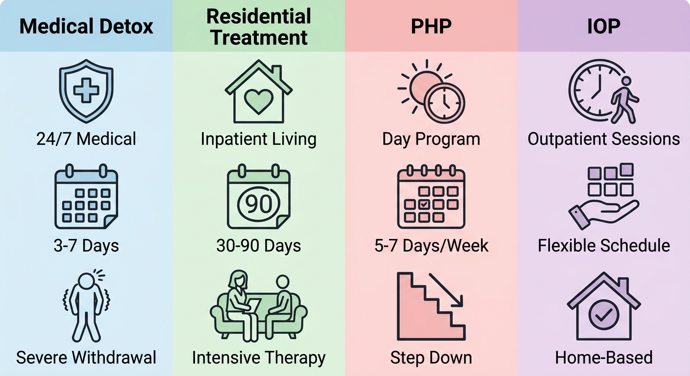 Infographic comparing four levels of substance abuse care: Medical Detox, Residential Treatment, PHP, and IOP with key attributes.