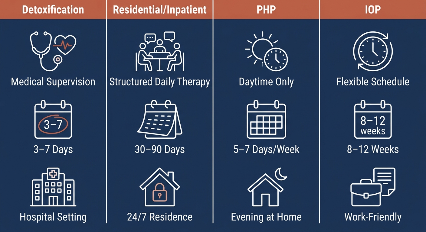 Infographic showing four levels of addiction care at EMEND Alaska: detoxification, residential, partial hospitalization program (PHP), and intensive outpatient program (IOP), each with three descriptive icons and labels.