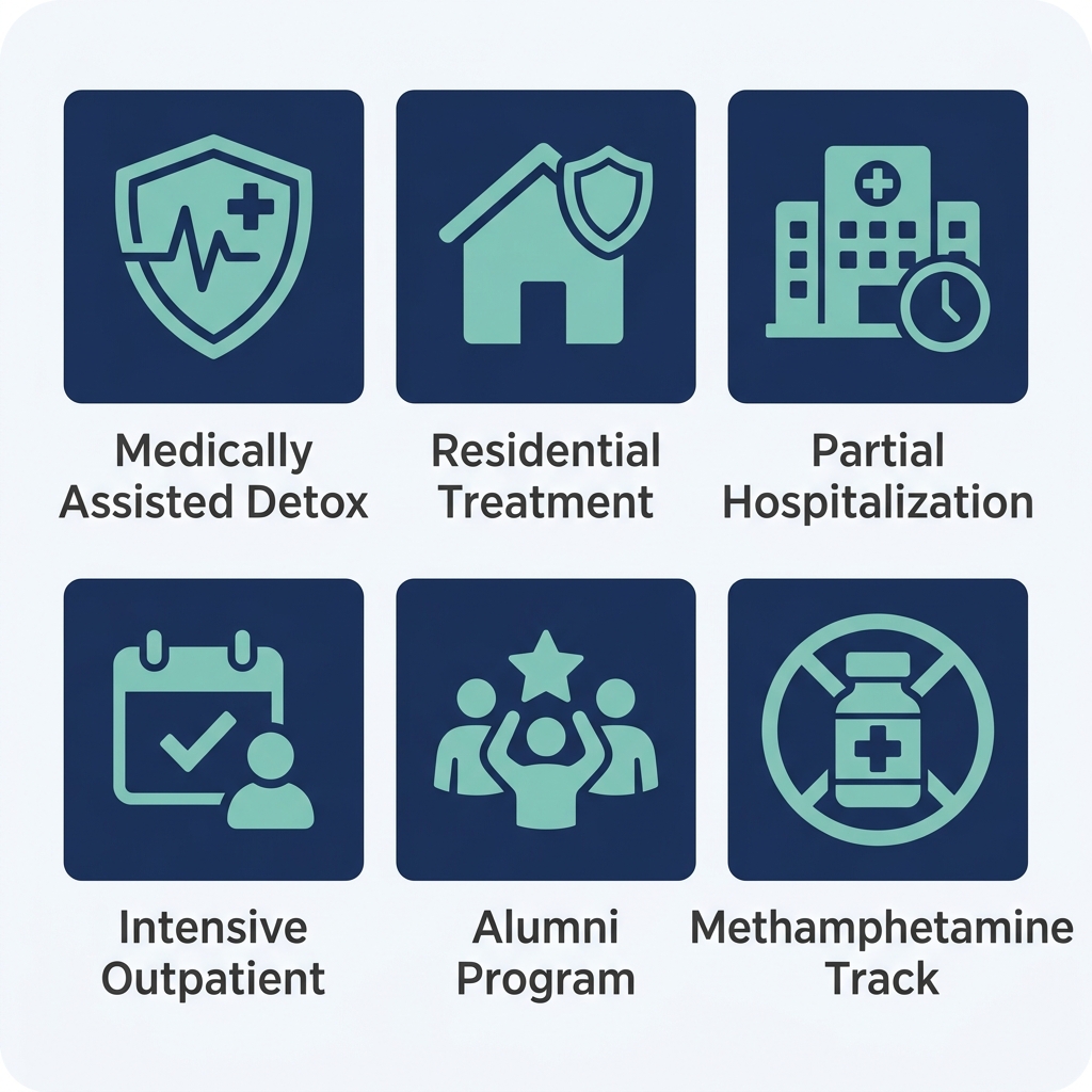 Flat icon grid showing detox, residential, PHP, IOP, alumni, and methamphetamine track programs with calming teal and navy colors.
