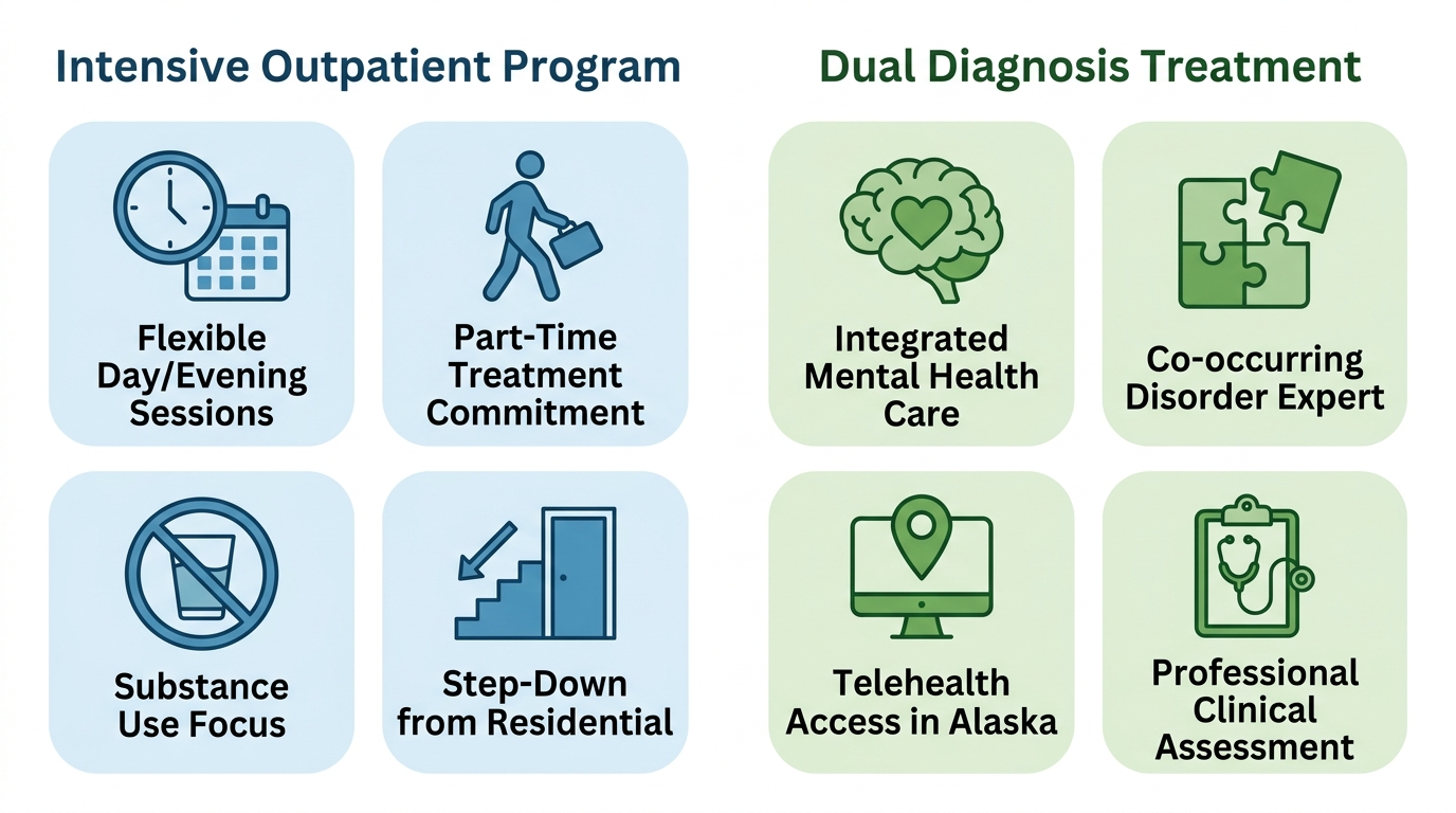 Two-column infographic comparing Intensive Outpatient Program and Dual Diagnosis Treatment for EMEND Alaska.