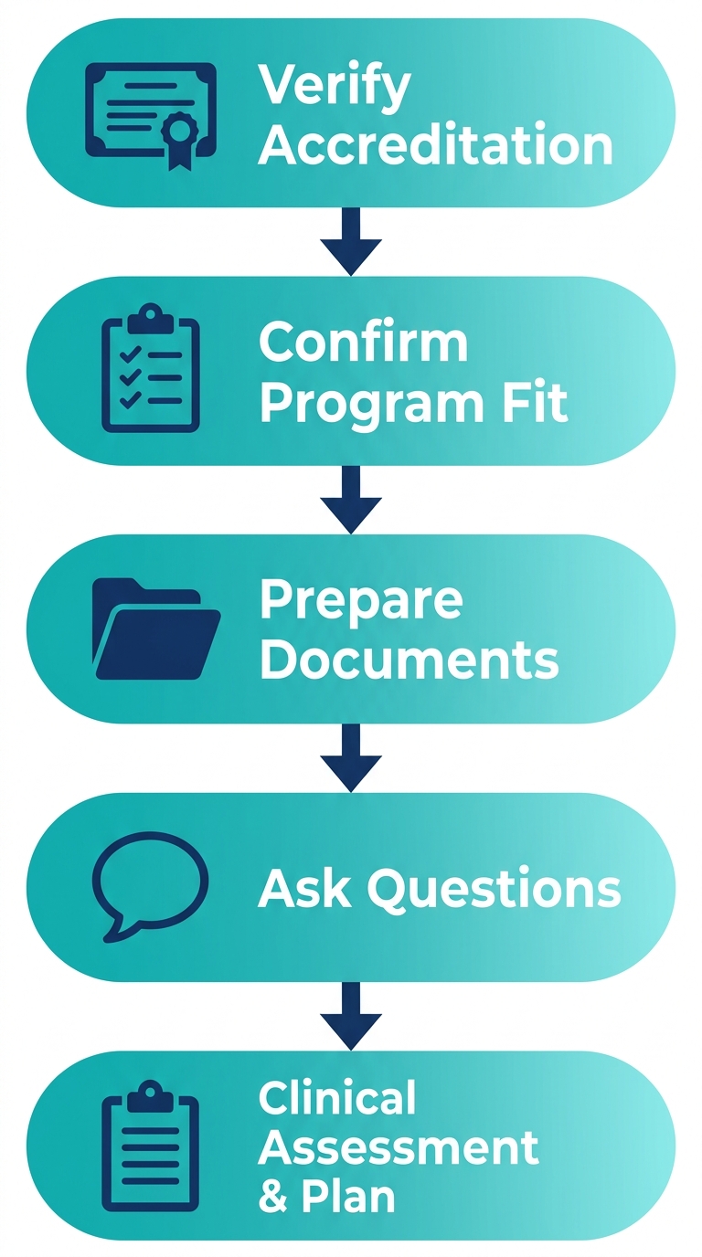 Vertical process flow diagram showing five steps for choosing a treatment center and preparing for intake, including accreditation, program fit, documents, questions, and clinical assessment.