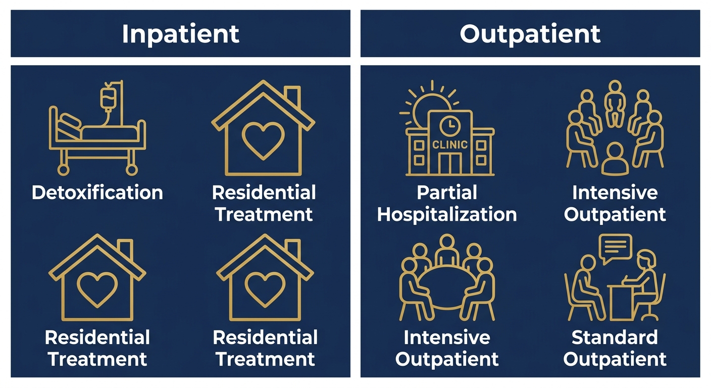 Infographic comparing inpatient and outpatient addiction treatment levels in Anchorage, with icons and labels for each level.