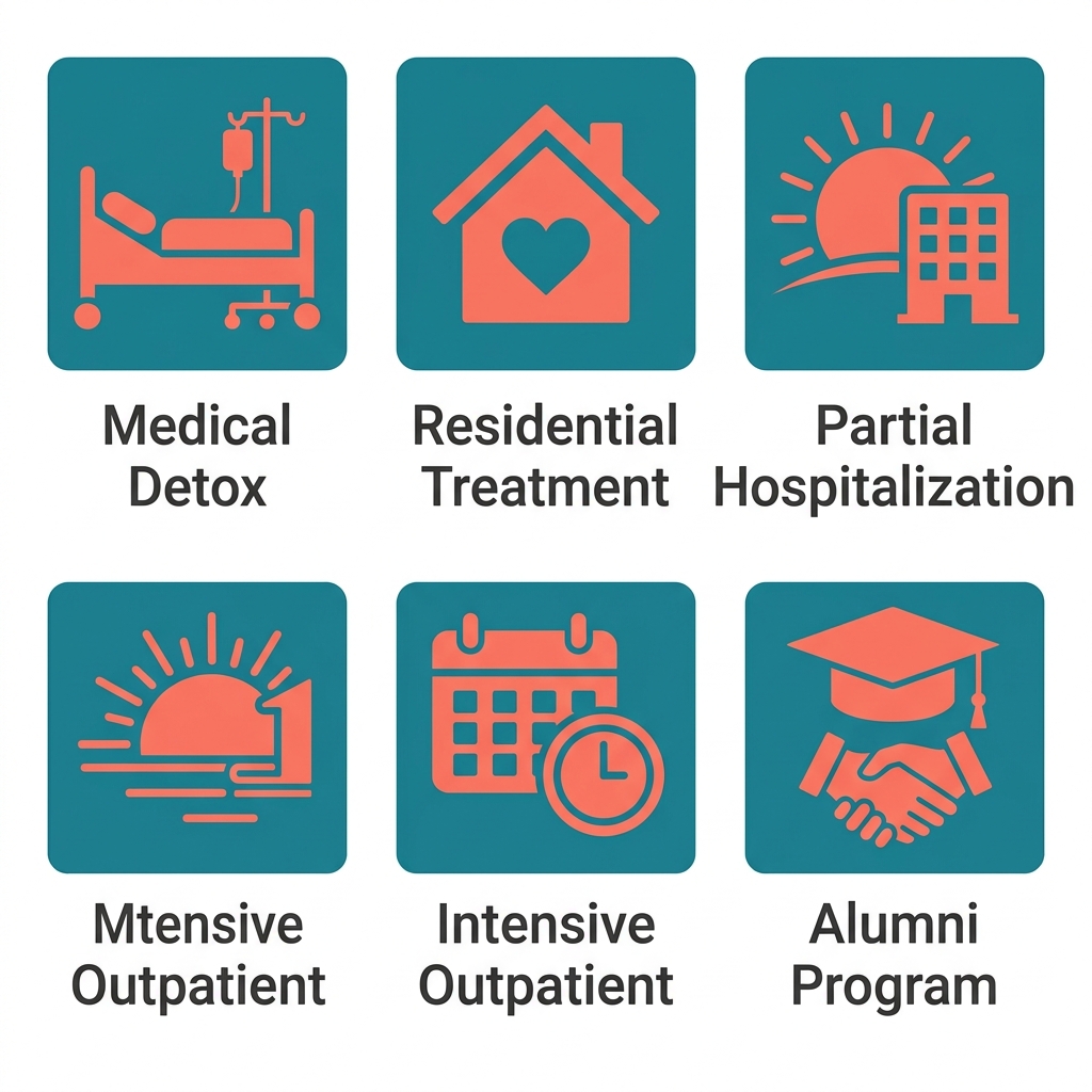 Five icons representing Emend Alaska's addiction treatment programs: Medical Detox, Residential Treatment, Partial Hospitalization, Intensive Outpatient, and Alumni Program.
