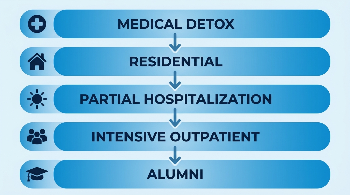 Proceso vertical de cinco etapas: Desintoxicación Médica, Residencial, Hospitalización Parcial, Ambulatorio Intensivo y Programa de Exalumnos