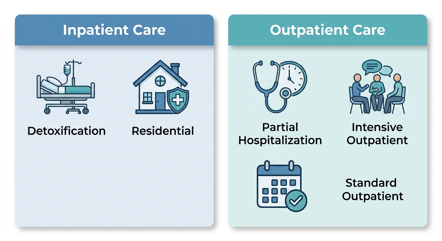 A clinical infographic comparing inpatient and outpatient addiction treatment levels, with two columns for Inpatient Care (Detoxification, Residential) and Outpatient Care (Partial Hospitalization, Intensive Outpatient, Standard Outpatient).