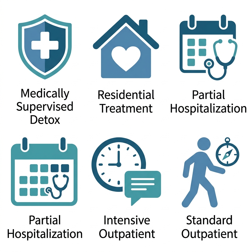 Five flat icons representing levels of care: detox shield, residential house, partial hospitalization calendar, intensive outpatient clock with speech bubble, standard outpatient person walking with compass