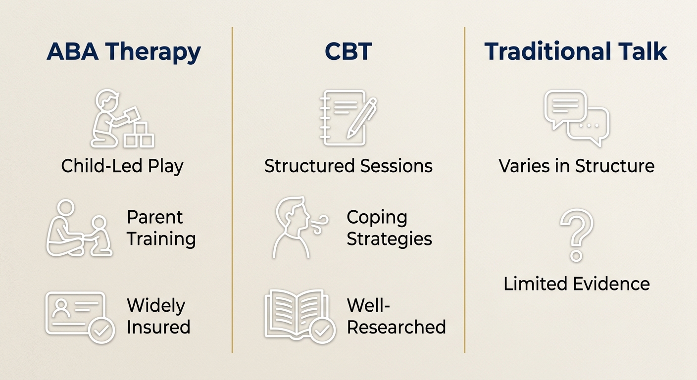 Infographic comparing ABA Therapy, CBT, and Traditional Talk therapy for childhood anxiety, with three columns each showing icons and labels for their respective approaches.