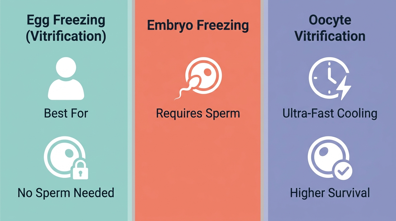 Three-column infographic comparing fertility preservation methods: egg freezing, embryo freezing, and oocyte vitrification.