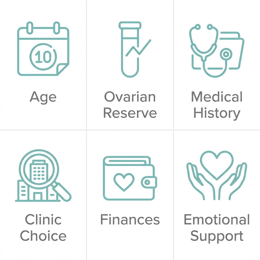 Six icons representing key factors influencing egg freezing: Age, Ovarian Reserve, Medical History, Clinic Choice, Finances, and Emotional Support, in soft teal on white background.