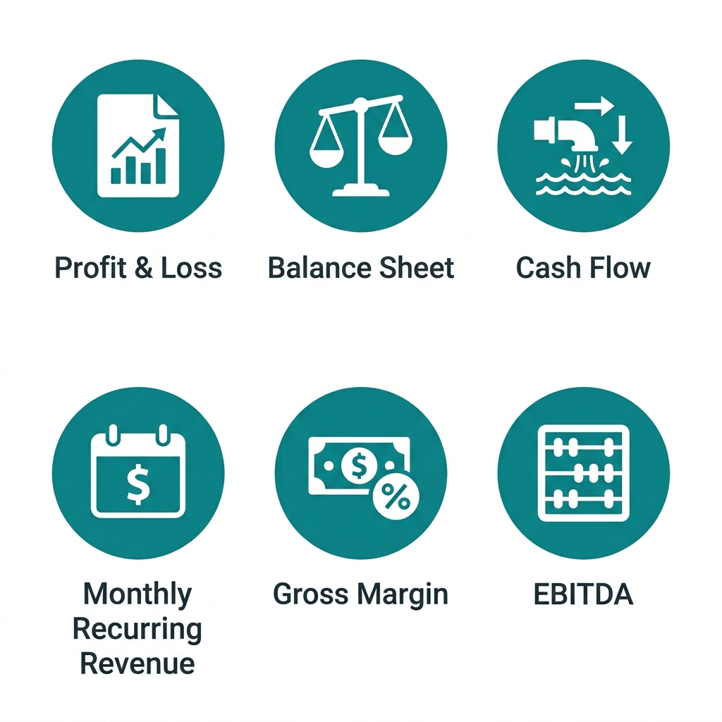 Icon set of six financial documents: Profit & Loss, Balance Sheet, Cash Flow, Monthly Recurring Revenue, Gross Margin, EBITDA