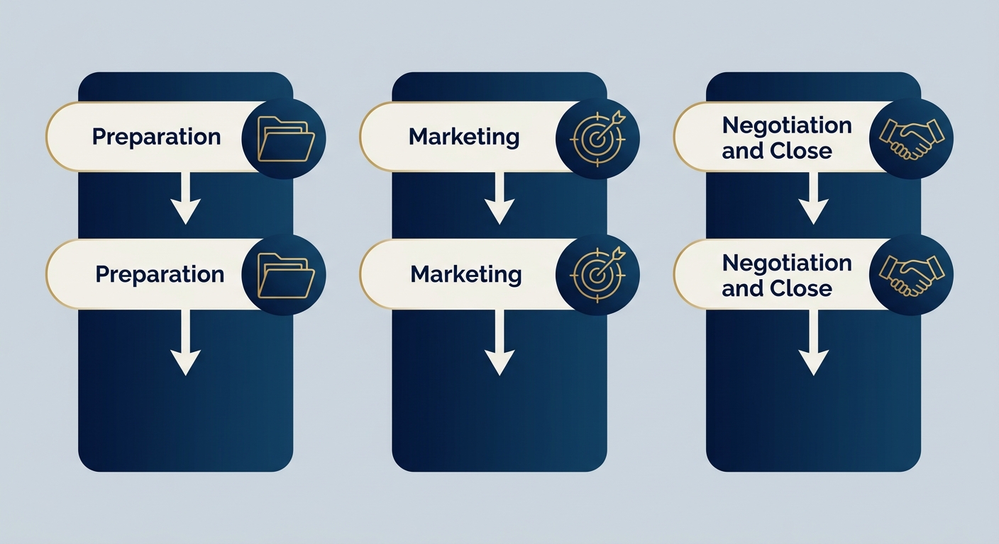 Vertical process flow diagram showing three core stages of sell-side execution for Zaidwood Capital: Preparation, Marketing, and Negotiation/Close.