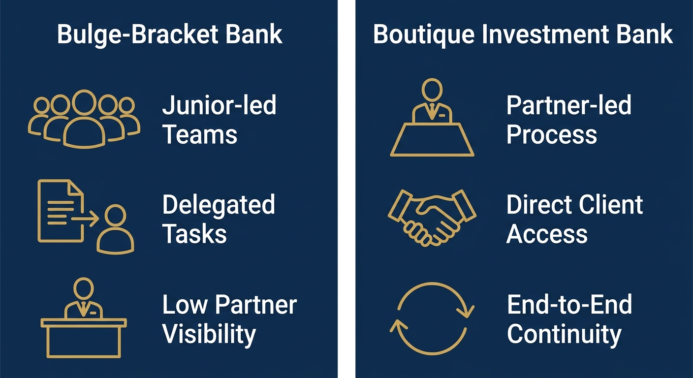 Infographic comparing bulge-bracket bank and boutique investment bank senior-level attention.