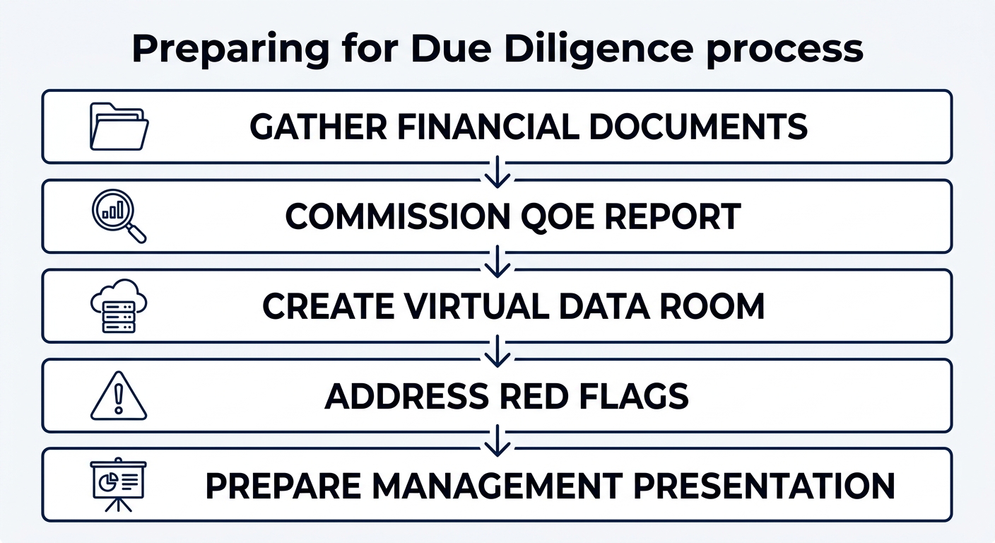 Vertical process flow diagram showing five steps for due diligence preparation: Gather Financial Documents, Commission QoE Report, Create Virtual Data Room, Address Red Flags, and Prepare Management Presentation. Each step box has a dark blue outline and white fill with a corresponding icon.