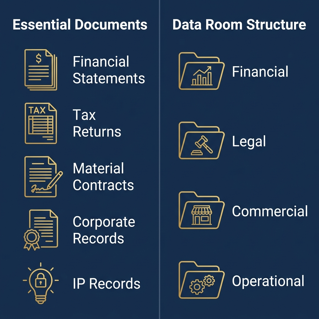 Infographic showing essential documents and data room structure for capital advisory documentation framework with two columns of icons and labels.