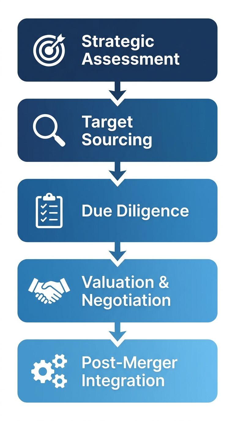 Five-stage vertical process flow for Zaidwood Capital acquisition steps with icons and labels