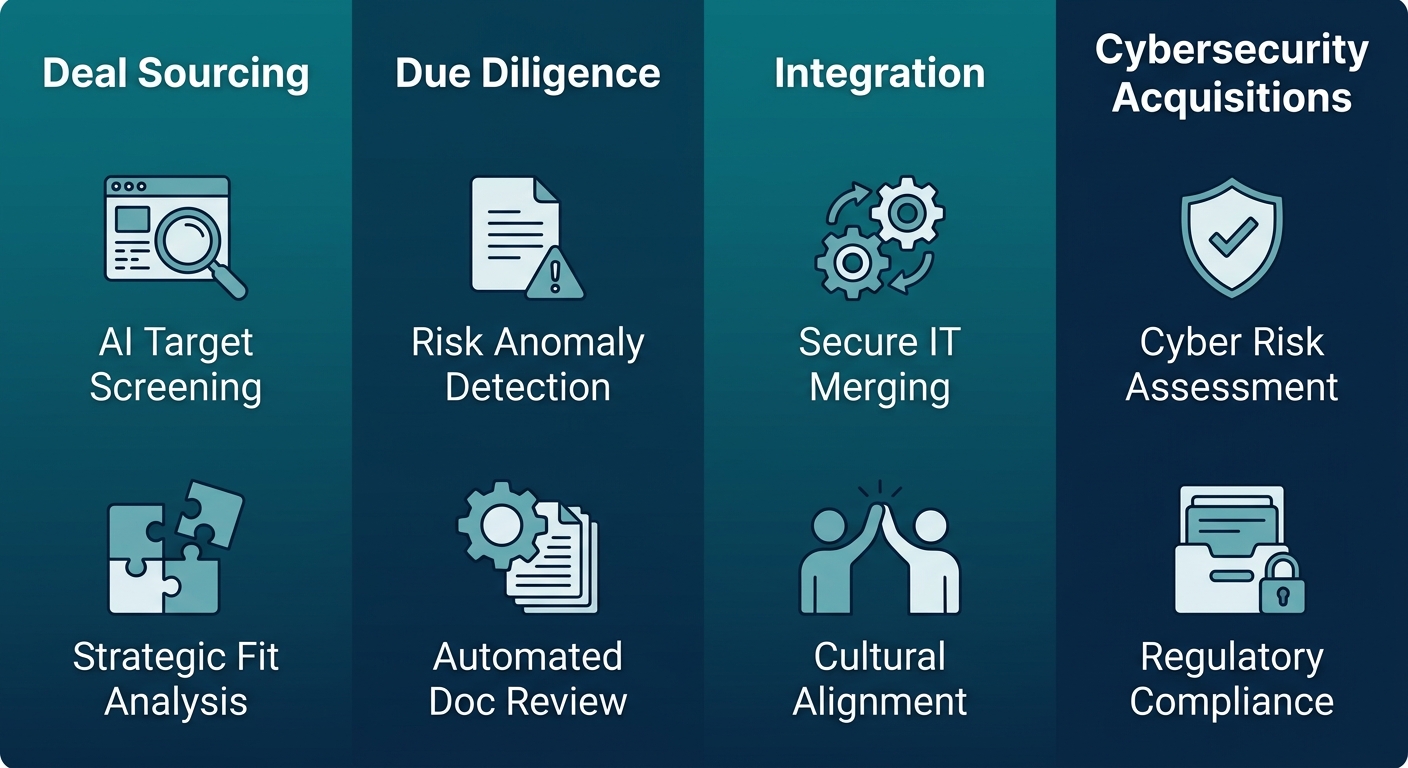AI-driven M&A trends infographic with four panels: Deal Sourcing, Due Diligence, Integration, and Cybersecurity Acquisitions, each showing two icons with labels