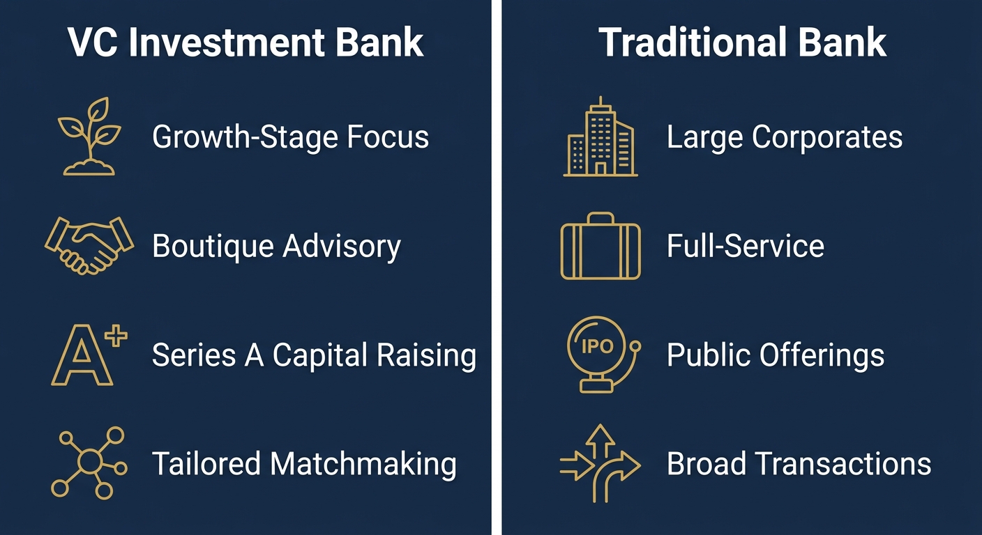Infographic comparing VC investment bank and traditional bank features with icons on navy background.