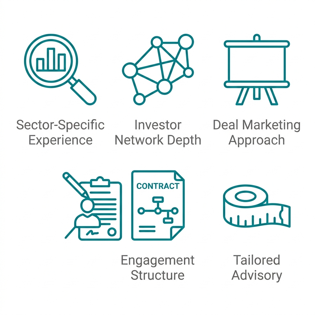 Set of five icons representing key considerations before engaging a VC investment bank, each with a label underneath in gray text on a white background, icons in teal outlines.