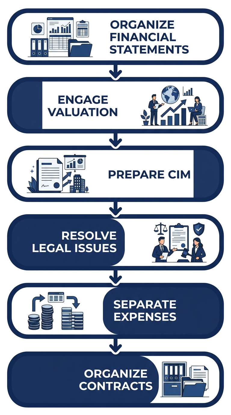 Vertical process flow diagram with six stages for preparing a business for sale, including organizing financial statements, valuation, CIM, legal issues, expense separation, and contract organization.