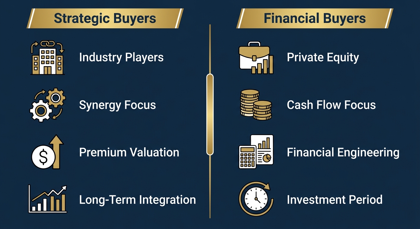 Infographic comparing strategic buyers and financial buyers with icons and labels in a two-column layout on a deep navy background with gold accents, no title text.