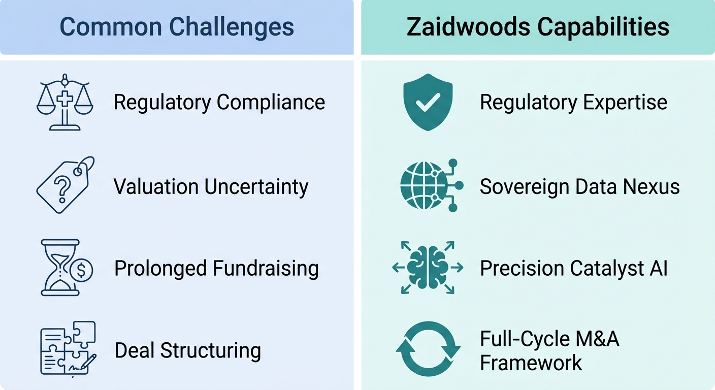 Two-column infographic comparing common healthcare investment banking challenges on the left and Zaidwood Capital's solutions on the right.