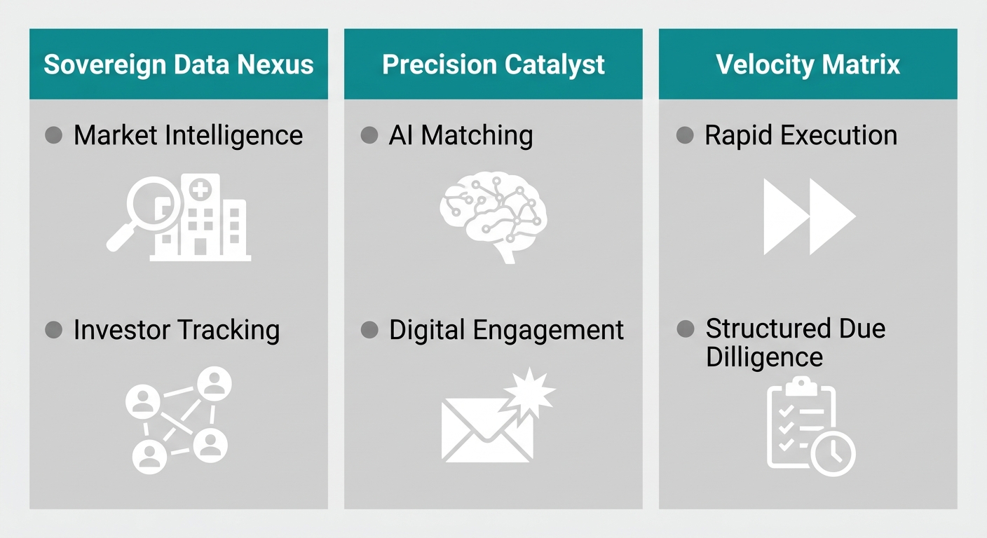 Infographic showing Zaidwood Capital's three proprietary platforms: Sovereign Data Nexus, Precision Catalyst, and Velocity Matrix, each with two key features labeled below their icons.