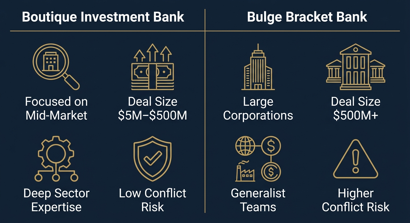 Infographic comparing Boutique Investment Bank and Bulge Bracket Bank features with gold outlined icons on dark navy background.