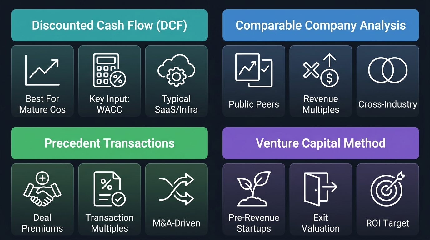 Infographic showing four quadrants of valuation methods: Discounted Cash Flow, Comparable Company Analysis, Precedent Transactions, and Venture Capital Method, each with three labeled icons.