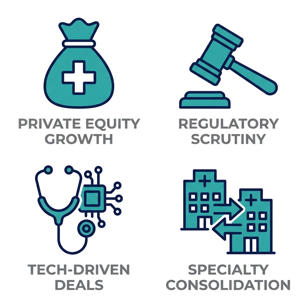 Icon set depicting four key trends driving healthcare M&A: Private Equity Growth, Regulatory Scrutiny, Tech-Driven Deals, and Specialty Consolidation icons with labels underneath.