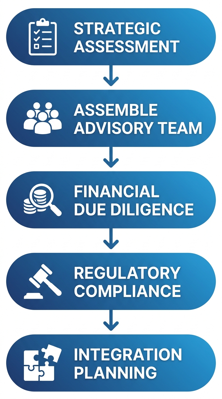 Vertical process flow illustrating five stages of healthcare merger preparation: Strategic Assessment, Assemble Advisory Team, Financial Due Diligence, Regulatory Compliance, Integration Planning.