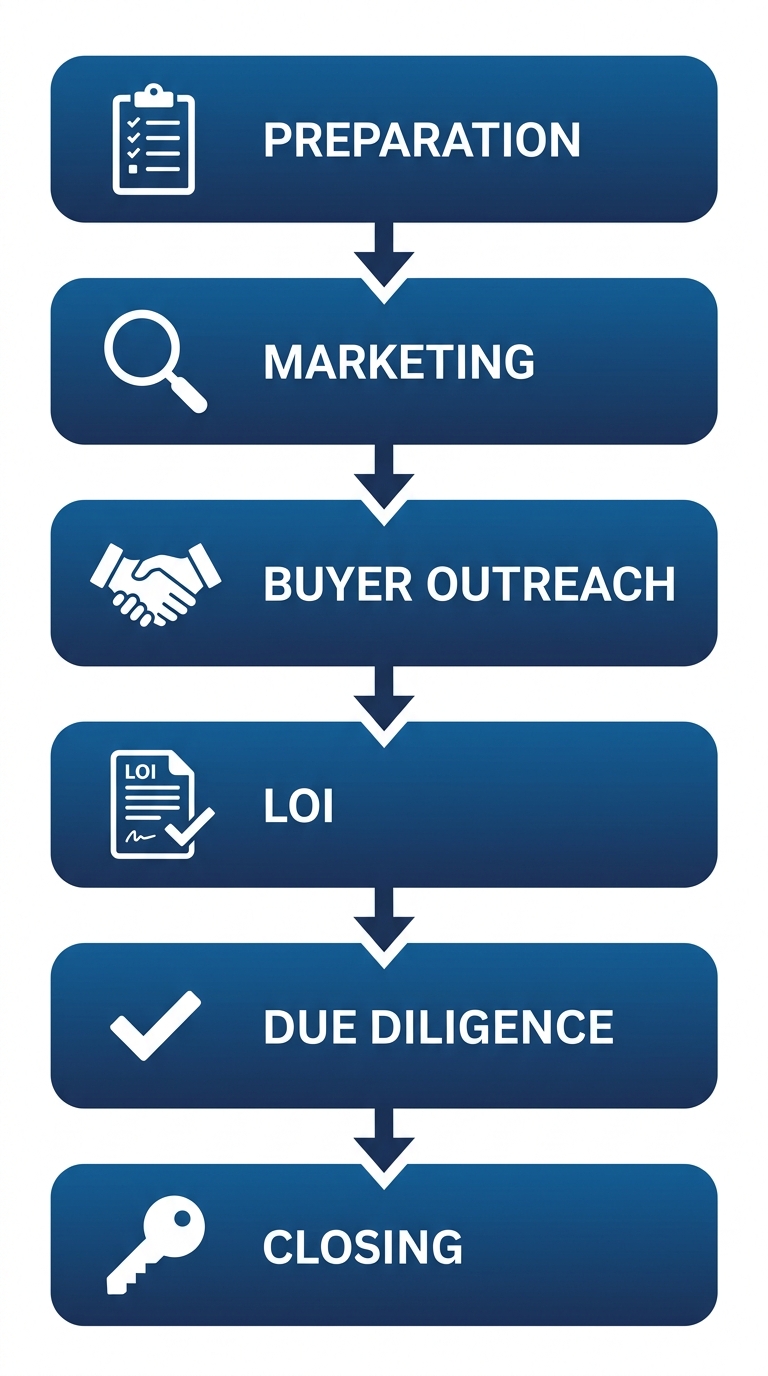 Vertical process flow diagram with six stages: Preparation, Marketing, Buyer Outreach, LOI, Due Diligence, Closing, each with an icon and downward arrows.