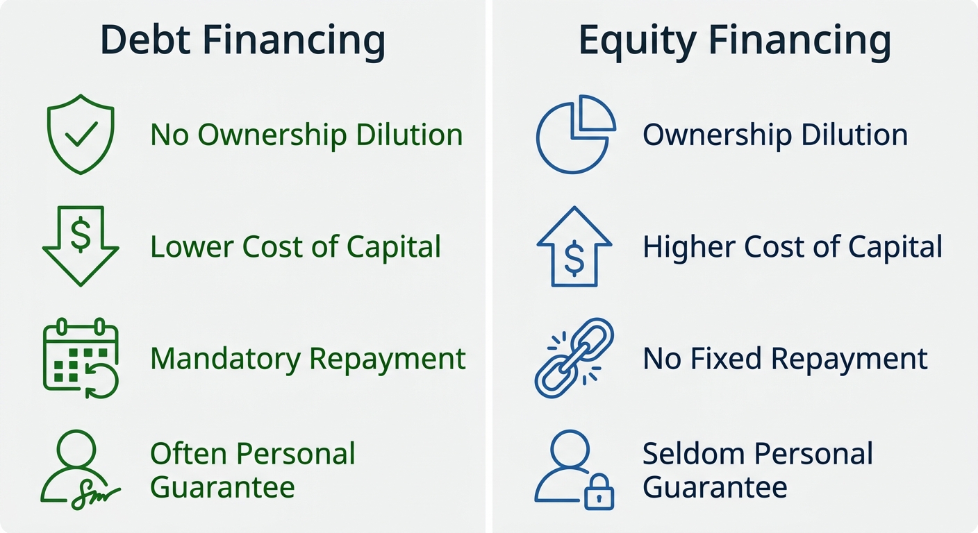 Two-column comparison infographic of debt versus equity financing features on a light gray background with green debt icons and blue equity icons.
