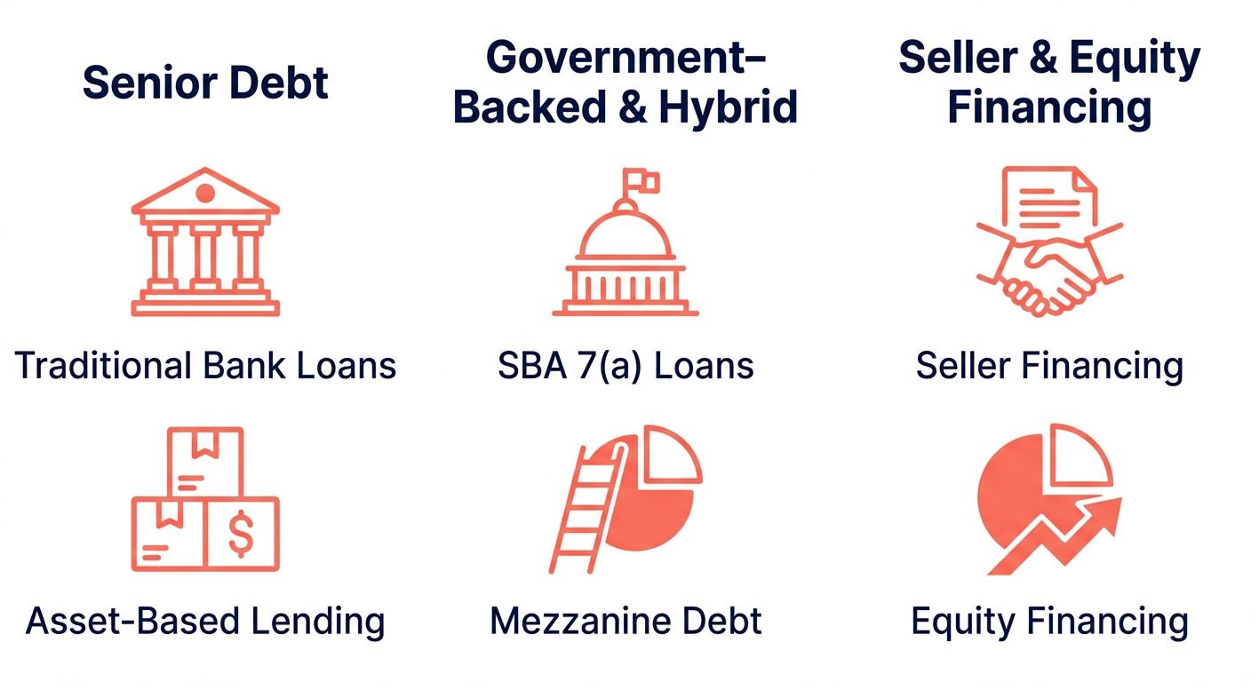 Three-column infographic showing sources of capital for business acquisition financing: Senior Debt, Government-Backed & Hybrid, and Seller & Equity Financing with two items per column.