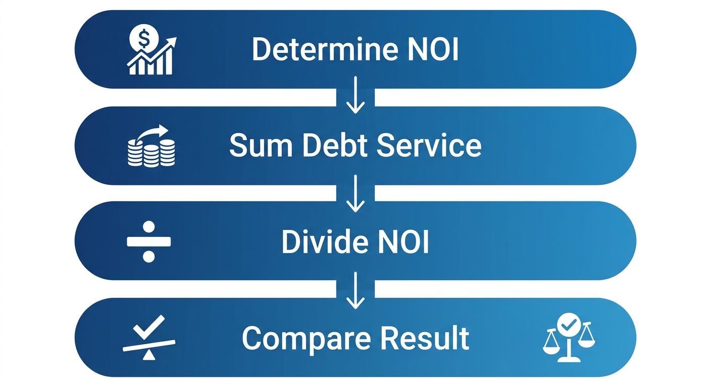 Vertical process-flow illustrating four steps to calculate Debt Service Coverage Ratio with rounded rectangles and downward arrows, using blue gradients and icons.