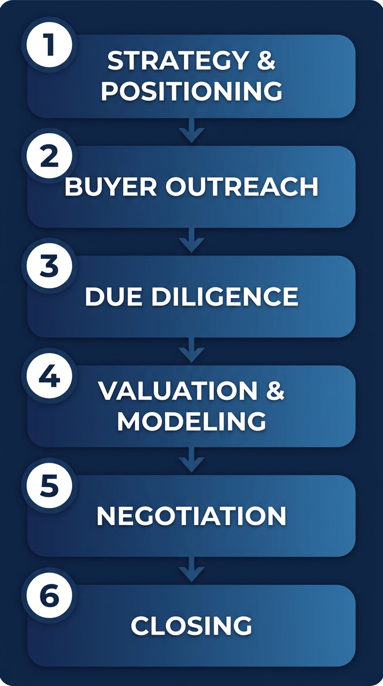 Vertical process flow diagram showing the six-phase healthcare M&A transaction lifecycle with numbered rounded rectangles and downward arrows