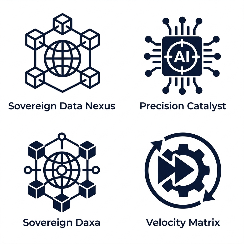 Three outline icons in dark navy on white background: Sovereign Data Nexus with interconnected data cubes over a globe, Precision Catalyst with AI chip over crosshairs and nodes, and Velocity Matrix with fast-forward arrows around a gear. Each icon has a label beneath it.