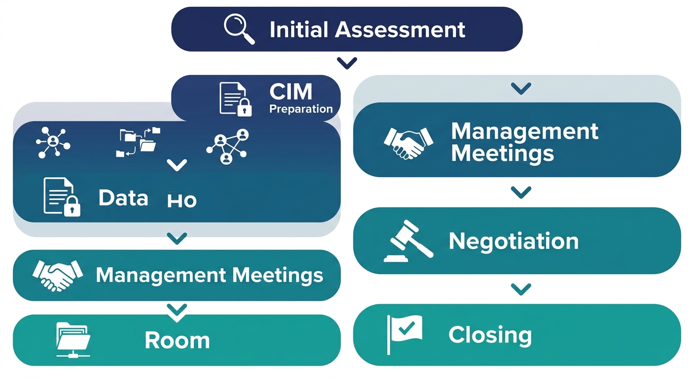 Vertical process flow of seven stages of sell-side advisory, starting from Initial Assessment to Closing, with icons and chevron arrows.