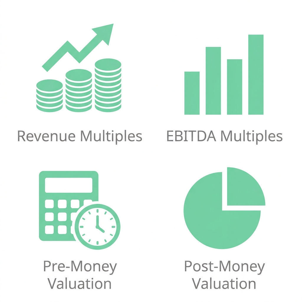 Set of four icons representing revenue multiples, EBITDA multiples, pre-money valuation, and post-money valuation in mint green on white background.