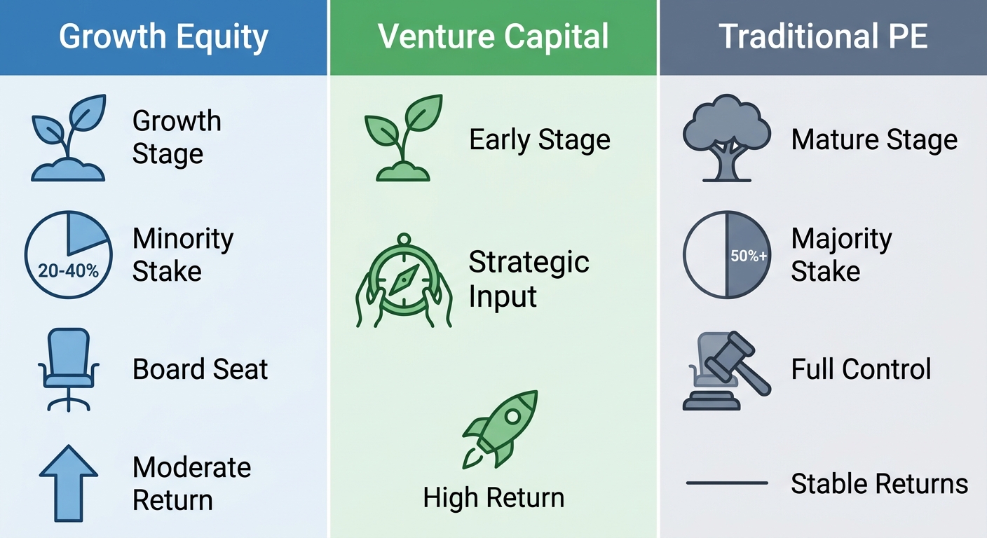 Comparison infographic of Growth Equity, Venture Capital, and Traditional Private Equity with icons and labels.