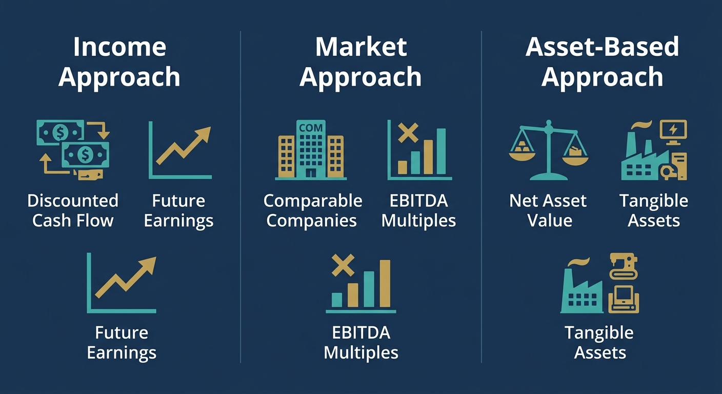 Infographic comparing three business valuation approaches: Income Approach, Market Approach, and Asset-Based Approach with labeled icons in teal and gold on navy background.