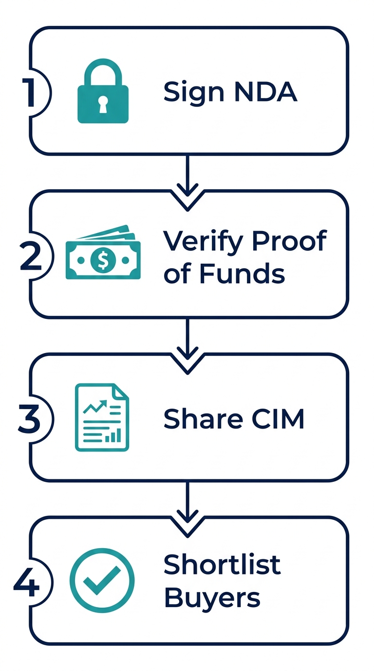 Vertical process flow diagram of screening qualified buyers: Sign NDA, Verify Proof of Funds, Share CIM, Shortlist Buyers with teal icons and navy borders.