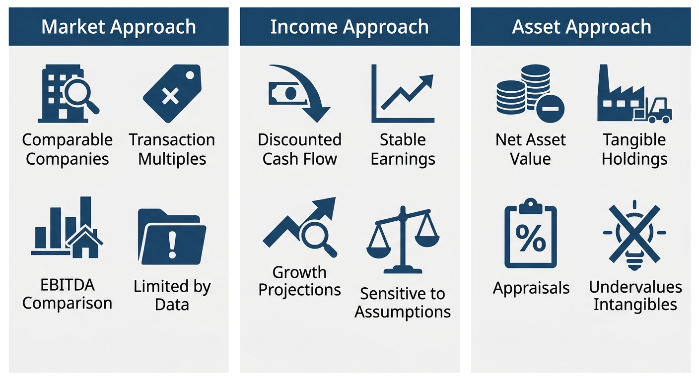 Three-column infographic showing Market Approach, Income Approach, and Asset Approach valuation methods with icons and labels.