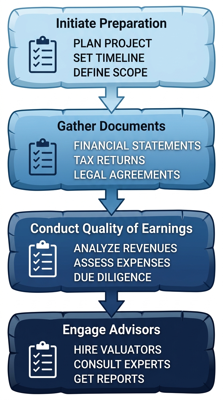 Vertical process flow diagram showing four stages of business valuation preparation with checklist icons, from light blue to dark navy gradient