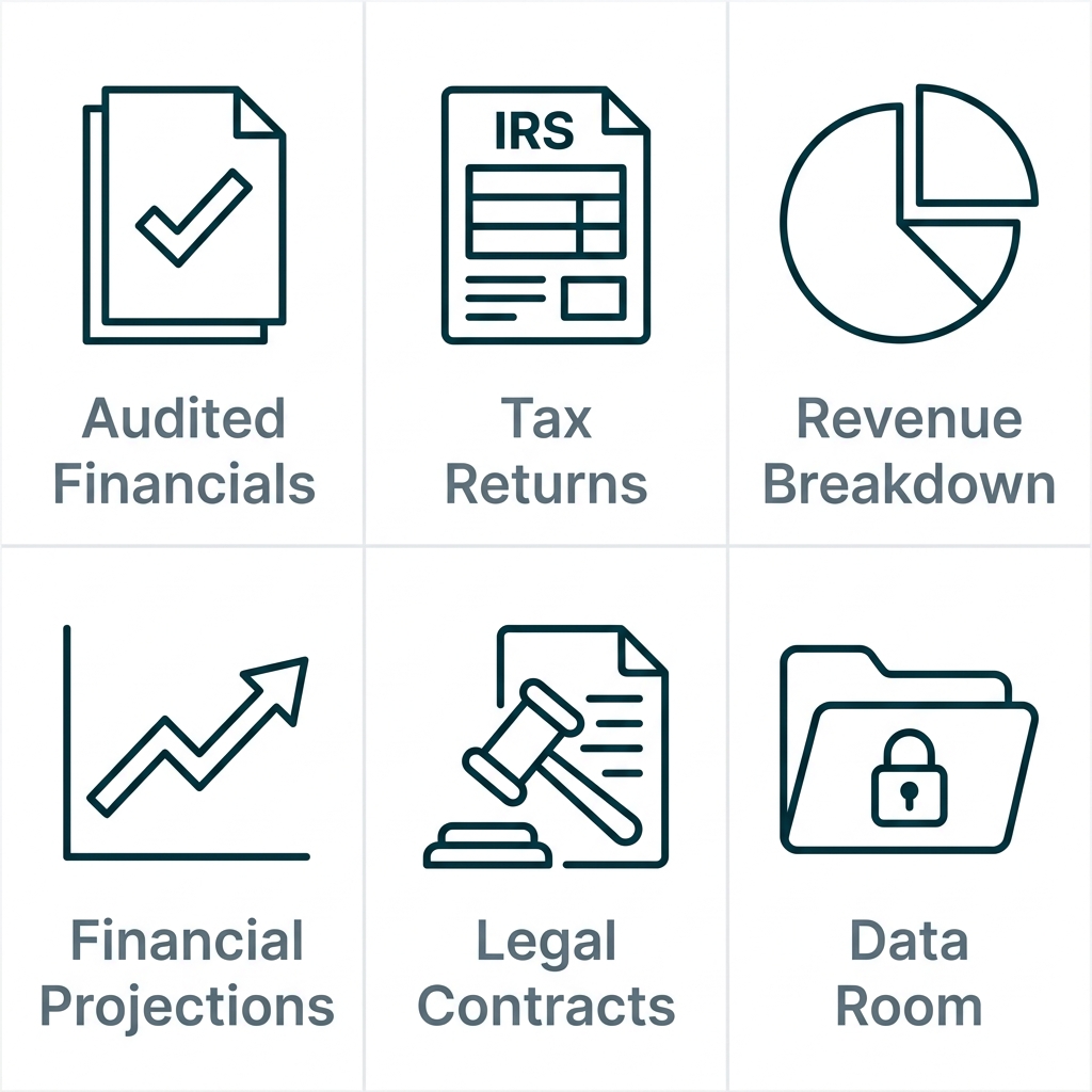 Grid of 6 outline icons representing M&A financial documents: audited financials with checkmark, tax returns form, revenue pie chart, financial projections line graph, legal contract with gavel, and data room folder with lock.