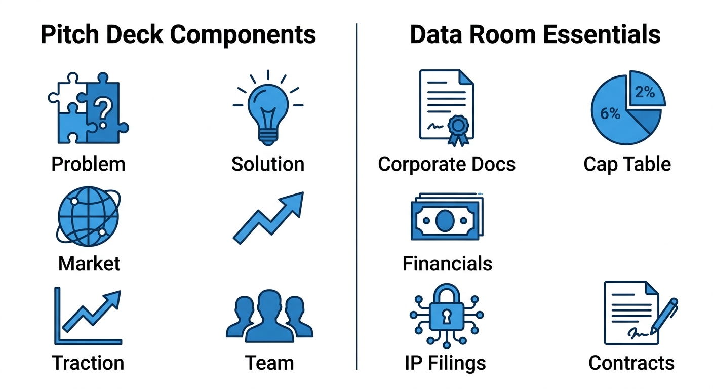 Two-column infographic comparing pitch deck components and data room essentials with icons and labels on white background