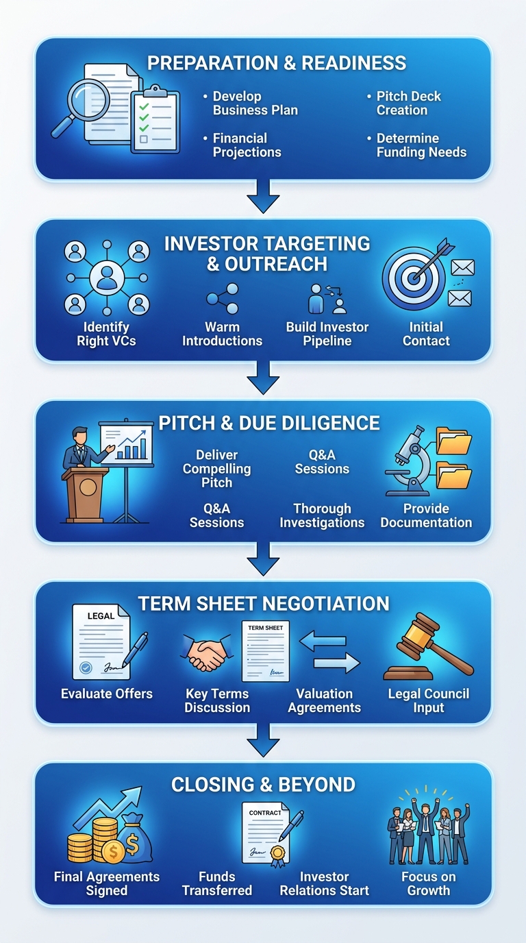 Five-stage vertical process flow of venture capital fundraising from preparation to closing.