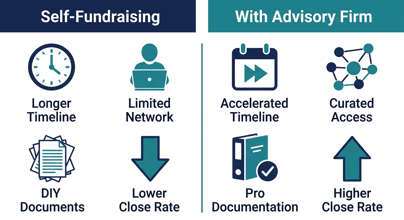 Two-column infographic comparing self-fundraising versus advisory-led fundraising with four icon-labeled items per column on navy and teal background.